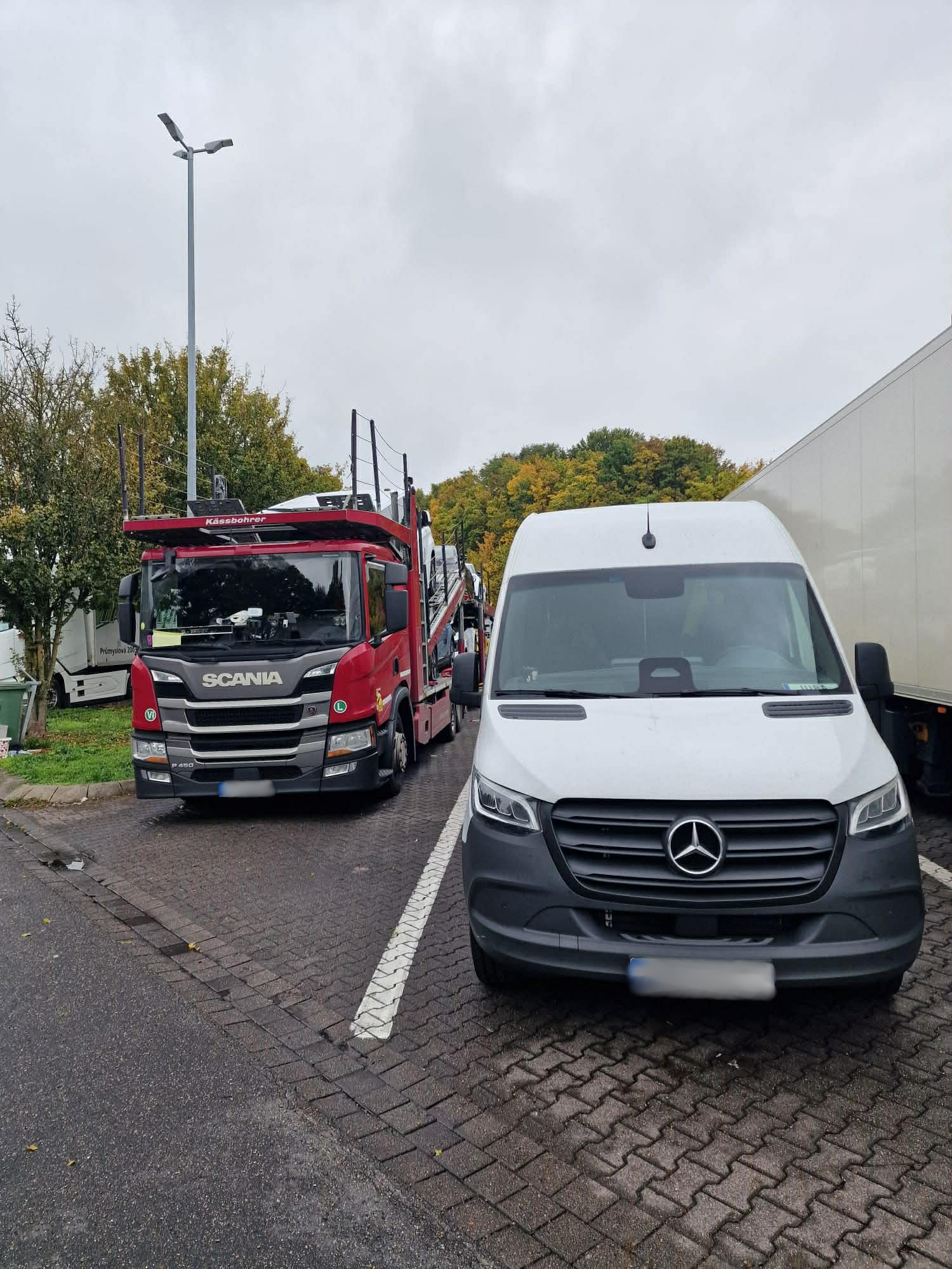 Mercedes Sprinter service van next to Scania car carrier